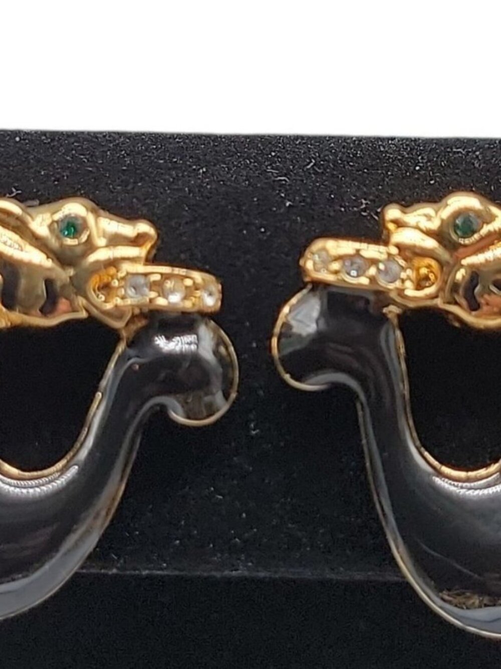 Jackie Collins Rare Clip On Earrings Figural Cougar Loop Black Enamel Rhinestone - Picture 3 of 12
